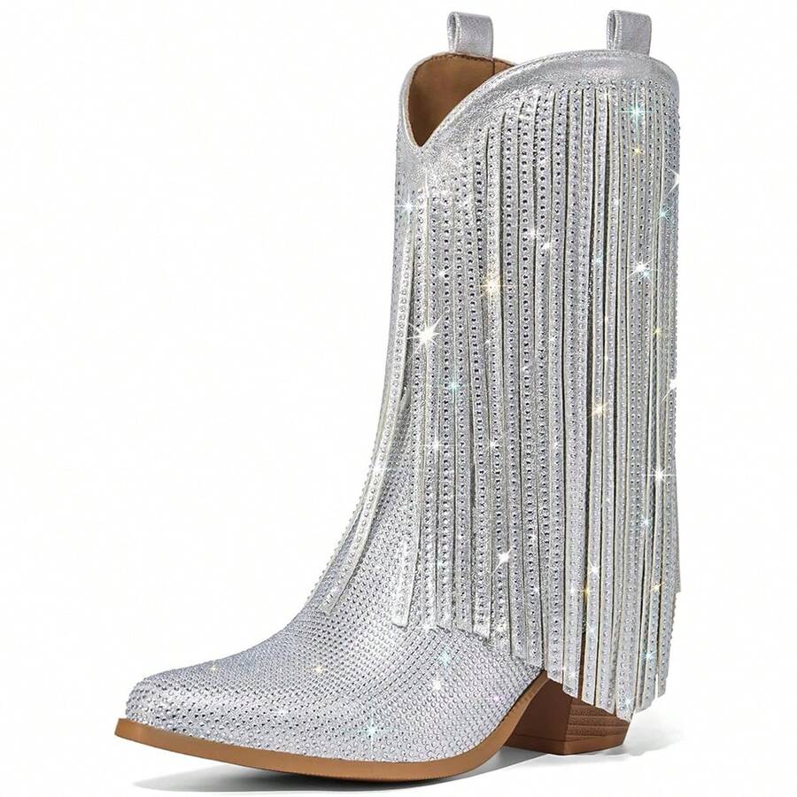 Cowboy Boots For Women - Cowgirl Rhinestone Boots With Sparkly Fringe Pointed Toe Western Boot Chunky Heel Pull-On Wide Calf Botas Vaqueras - 銀色 - 查看 1