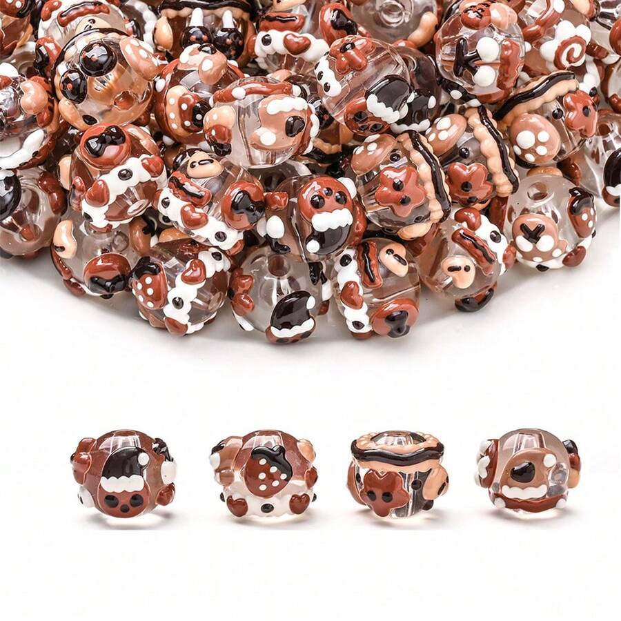 20颗混合棕色手绘透明树脂珠，草莓和星星图案圆珠，可用于DIY手链、项链、钥匙扣、手机挂绳、包链等创意手工艺品 - 彩色 - 查看 1