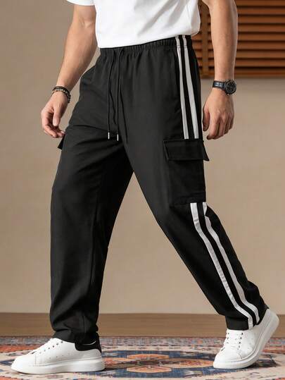 Men's Casual Sports Contrast Color Patchwork Drawstring Waist Long Pants, Suitable For All Seasons