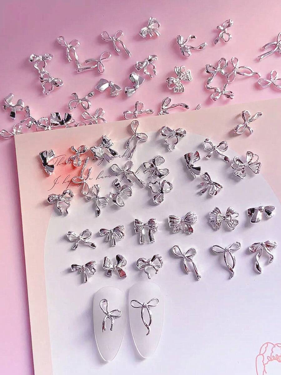 30/50个新款合金蝴蝶结美甲装饰，Y2K朋克风丝带美甲配件，美甲产品，美甲饰品，多种款式可选，DIY美甲配件美甲用品 - 彩色 - 查看 1