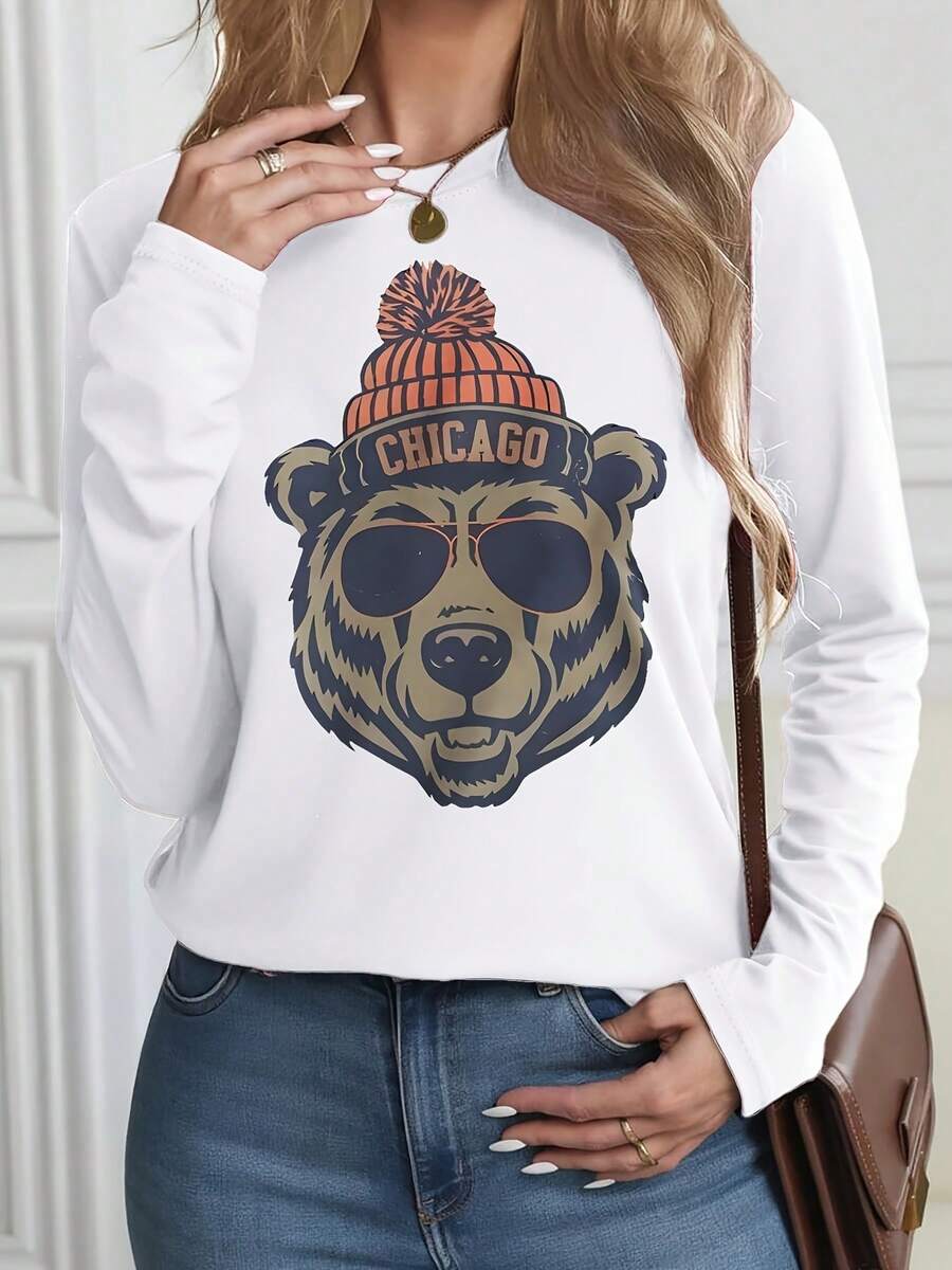 Stylized Bear Graphic Black Long Sleeve T - Shirt, Cool Playful Bear With Orange & White Striped Beanie (CHICAGO) & Sunglasses, Perfect For Casual Wear - Pair With Blue Denim Jeans - trắng - Xem 1