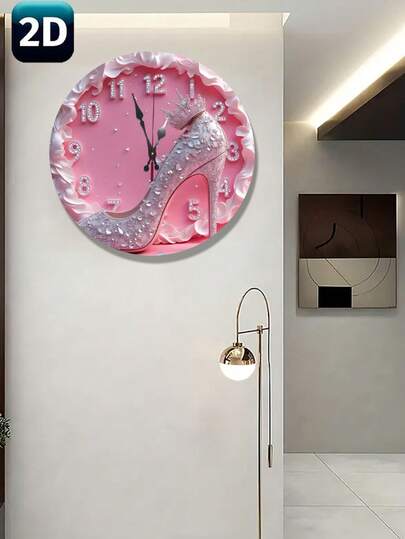 2D平面，1个优雅高跟鞋造型挂钟 - 12英寸粉白仿真桌面钟，镶嵌闪亮水钻，静音无滴答声设计，适合作为新娘送礼、家居装饰、卧室、沙龙、更衣室、客厅、沙龙配件，外观奢华，2D平面