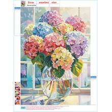 1pc 5D DIY Diamond Painting - "Window Sill Still Life: A Cluster Of Colorful Hydrangea Flowers In A Transparent Glass Vase" - Large Size Frameless Mosaic Full Drill Round Acrylic Diamond Art DIY Kit, Suitable For Home And Office Desktop Decor, Tabletop Decor, And Wall Decor, Ideal Home Decor Gift For Living Room, Bedroom, Study - Multicolor - View 4