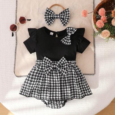 Baby Girls' Fashionable Casual Cute Bow Houndstooth Print Round Neck Cap Sleeve Romper With Headband, Summer