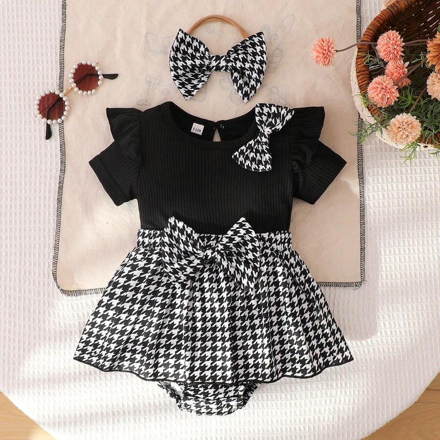 女婴时尚休闲可爱蝴蝶结千鸟格印花圆领短袖连体衣，配发带，夏季