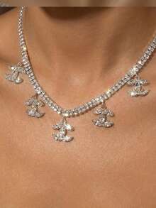 Sparkly Rhinestone Choker Necklace For Women, Silver Tone Double Row Tennis Chain With Crystal Dangling Charms, Bling Y2K Statement Jewelry For Wedding Party Prom Gift - Multicolor - View 9