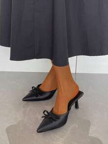 Fashionabla spetsiga tåsandaler med rosett, höga klackar för kvinnor, bekväma mångsidiga sandaler med stängd tå och rygglösa ryggar - Svart - Visa 1