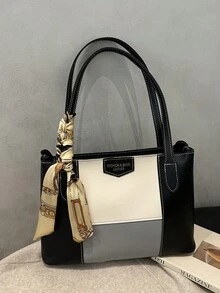 1个简约纯色单肩托特包，带围巾，适合购物、装钱包，适合年轻女性、大学生、新婚夫妇、上班族女性。非常适合办公室、大学、工作、商务、通勤、户外活动、旅行和野餐。 - 灰色 - 查看 2