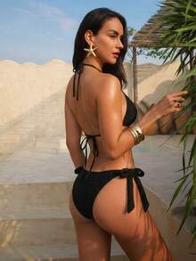 黑色挂脖比基尼，女士款，侧系带泳裤，海星印花，露背设计，高弹面料，游泳舒适 - 黑色 - 查看 2