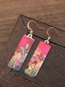 一对创意艺术油画花卉设计长耳环，优雅时尚 - 彩色 - 查看 4