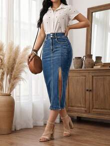 Women's Casual Long Denim Skirt With Front Slit Medium Stretch Straight Fit Blue Jeans Skirt - Blue - View 5