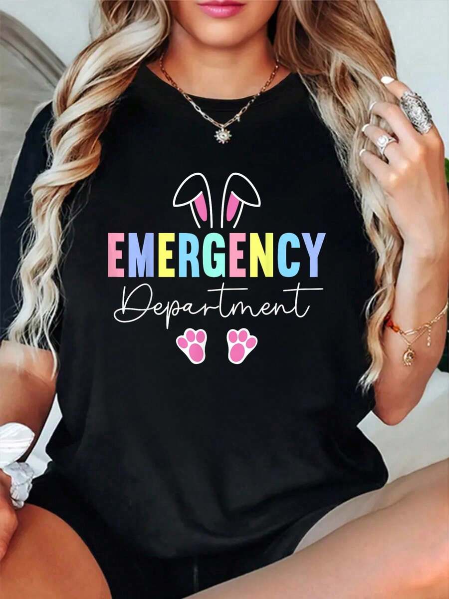100% Coton Département des urgences Lapin de Pâques Infirmière ER Jour de Pâques T-Shirt Col Rond Manches Courtes Mode Streetwear Respirant Homme Doux Vêtements Unisexes Créateurs Vêtements Décontractés Pour Femmes - Noir - Voir 1