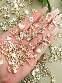 30pcs/50pcs 3D Golden Nail Art Decorations, Suitable For Acrylic Nails, Mixed Styles, Rhinestone Nail Jewelry, Metallic Nail Pearls, Shiny Zirconia Nail Diamonds, Alloy Nail Art Accessories, Pearl Nail Gems, Cute Nail Design Charms - White - View 5