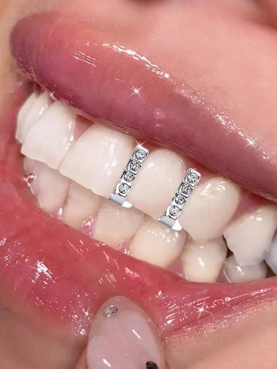 2026 New Collection Of Fine Jewelry2pcs/Set Hip-Hop Hollow Out Heart Stick Diamond Double Tooth Set, Daily Street Fashion Cool Smooth Gold Teeth - Bạc-1 - Xem 1