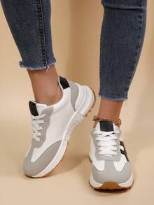 Damen Sneaker in Große Größen mit dicker Sohle, Neuheit 2026, Studentinnen Plateau Sneaker - Beige - Übersicht 4