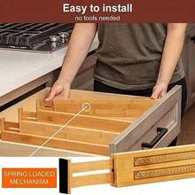 2个可调节竹制厨房抽屉分隔板，可扩展抽屉收纳盒，带弹簧式储物隔板，适用于卧室、梳妆台、橱柜抽屉、家居装饰、书桌、房间、厨房、办公室，最适合整理内衣和袜子，节省空间，整洁有序！