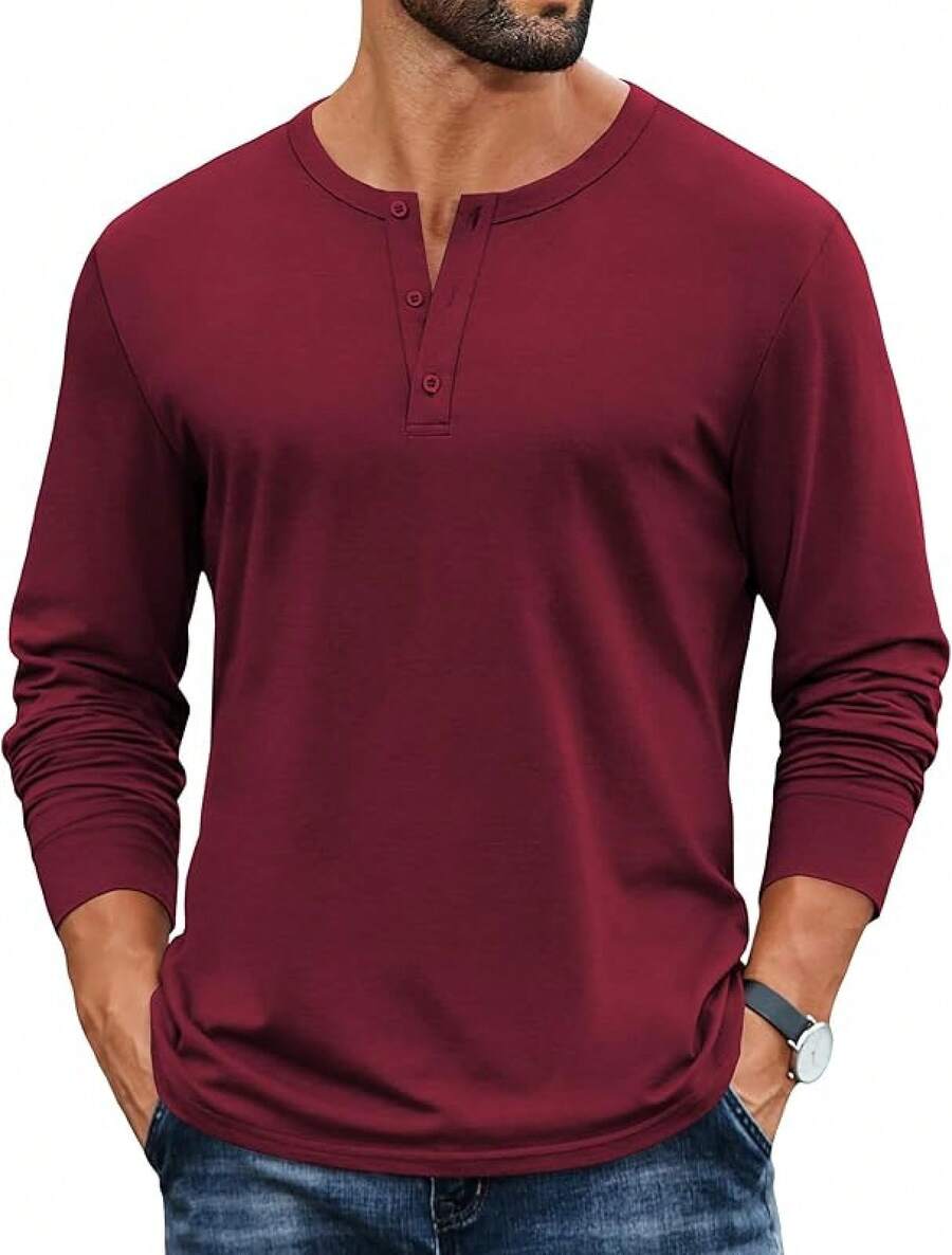 Mens Henley Shirts Cotton Long Sleeve Button Basic Tees Plain Casual Pullover - Màu Đỏ Sâu - Xem 1