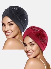 1pc Women's Sequin 3D Flower Printed Style Turban Hat, Suitable For Daily Use Hair Sleep Cap - Multicolor - View 10