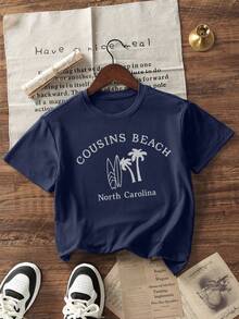 Tween Girls Casual Printed Round Neck Short Sleeve T-Shirt, Summer Top - Navy Blue - View 4