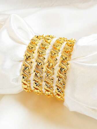 女士金色闪亮心形图案扭链手链，日常及派对时尚饰品，2026马年情人节礼物