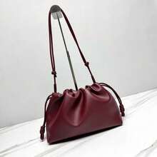 Burgundy Red Drawstring Bucket Bag For Women, Soft Textured Leather Shoulder Bag With Interwoven Gold Chain Strap, Knot Detail Crossbody Purse, Everyday Tote Handbag - Burdeos - Ver 3