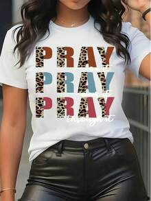T-shirt ample à col rond à manches courtes avec imprimé léopard graphique et lettrage "PRAY PRAY PRAY THROUGH IT", style décontracté pour femmes - Blanc - Voir 6