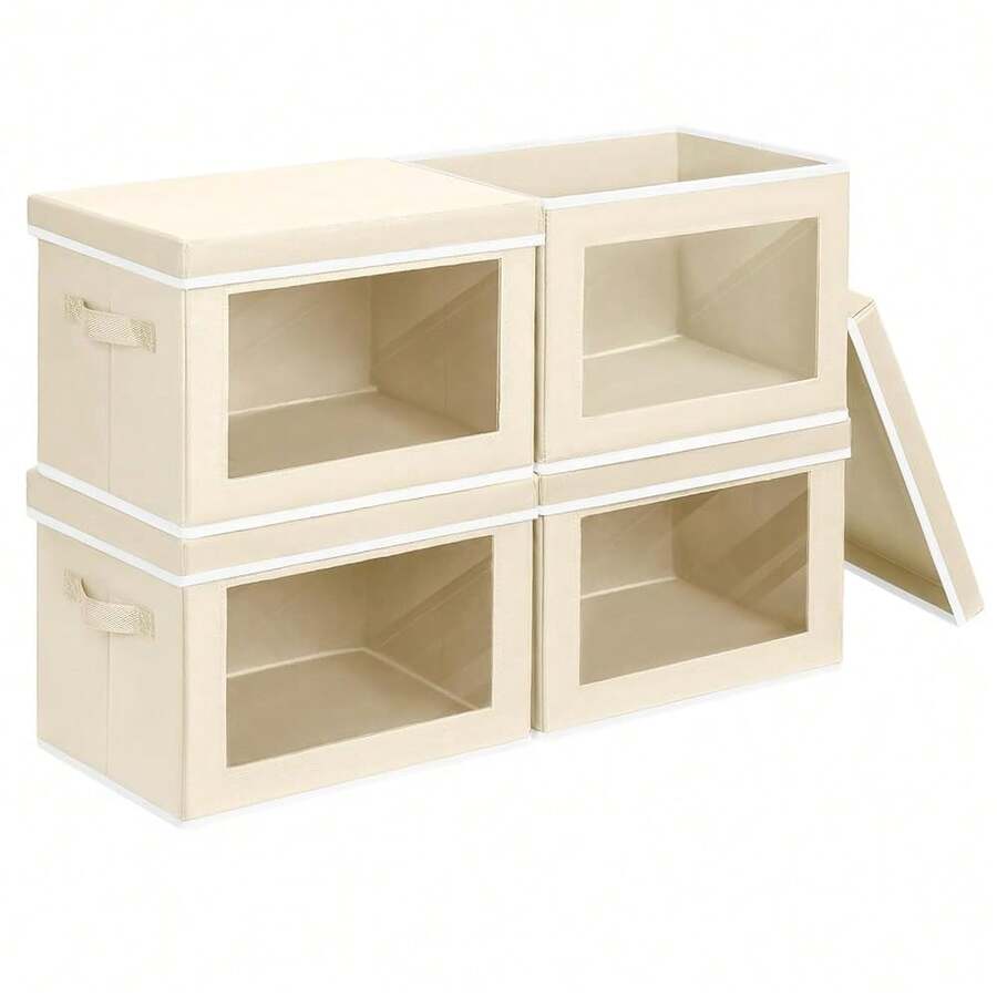 Storage Bins With Lids - Fabric Closet Storage Bins With Window, Collapsible Baskets For Shelves 4 Pack, Home Decorative Boxes For Clothes, Closet, Office, Beige - Beigeyellow - View 1