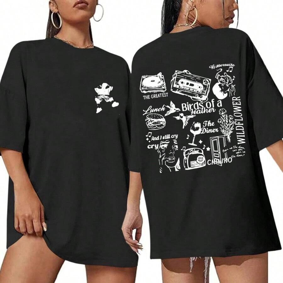 1pc Women's Oversized Concert Album Shirts Rock Band Tees For Women Hip Hop Gifts For Concert Lovers Music Festival Outfits Tops  For All Seasons - 黑色 - 查看 1