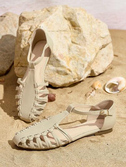 Giày sandal đế bằng nữ với mũi khoét rỗng, quai chữ T, quai cổ chân, giày đế bằng khoét rỗng, da giả, thoải mái, sandal đan nhiều quai, thích hợp cho hoạt động ngoài trời/nghỉ dưỡng, sandal đế bằng chống trượt, hở mũi, lưới, thoáng khí, sandal đế bằng khoét rỗng cho nữ, món đồ thiết yếu mùa hè.