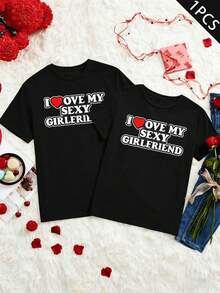 Partner-T-Shirt mit Liebesmotiv, 100 % Baumwolle, Rundhalsausschnitt, lockere Passform, bequem, Streetwear- und Hip-Hop-Stil - Damen Schwarz - 1 Stück - Übersicht 2