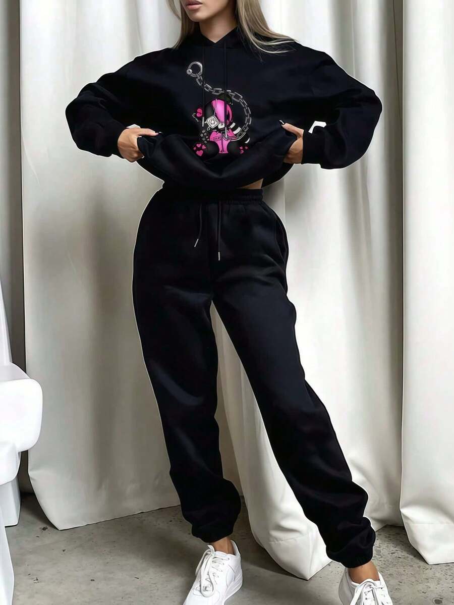 2026 LC Women's Fashion Casual  Bear Print Hoodie Sweatshirt Casual Daily Wear Halloween Costumes, Thanksgiving Clothing, Hoodie Autumn And Winter, Unisex Short Sleeves, Plus Size Fall Clothes, Sweatshirt, Fall Clothes Women, Printed Clothing,Tops,Winter Clothes For Women,Sweaters For Women,Hoodies For Women - 黑色 - 查看 1