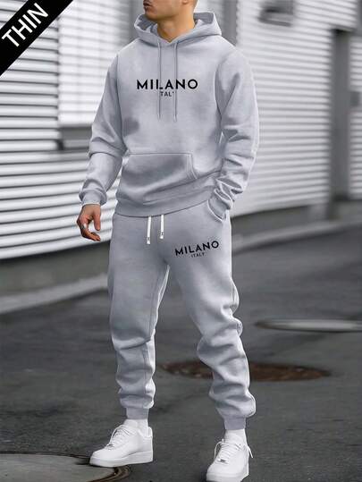 Men's Lightweight Fabric Personality Milan Letter Print Hoodie And Pants Set, Fashion Casual Menswear With Pockets, Drawstring Waist Pants, Suitable For Cool Spring And Autumn Weather