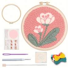1件粉色花卉刺绣套装，花卉主题，包含绣绷、绣线、绣针、笔，适合初学者和成人，DIY戳绣配件，手工制品，家居装饰，缝纫，钩针图案，个性化礼物，精致小礼物，新年礼物，奶奶礼物，女士礼物