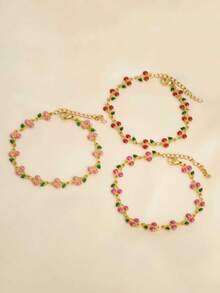 1 pieza Pulsera con forma de cereza de acero inoxidable con gemas ombre y cristales de rinoceronte, estilo de lujo ligero, accesorio de moda con cadena de titanio - Rosa Fucsia - Ver 1