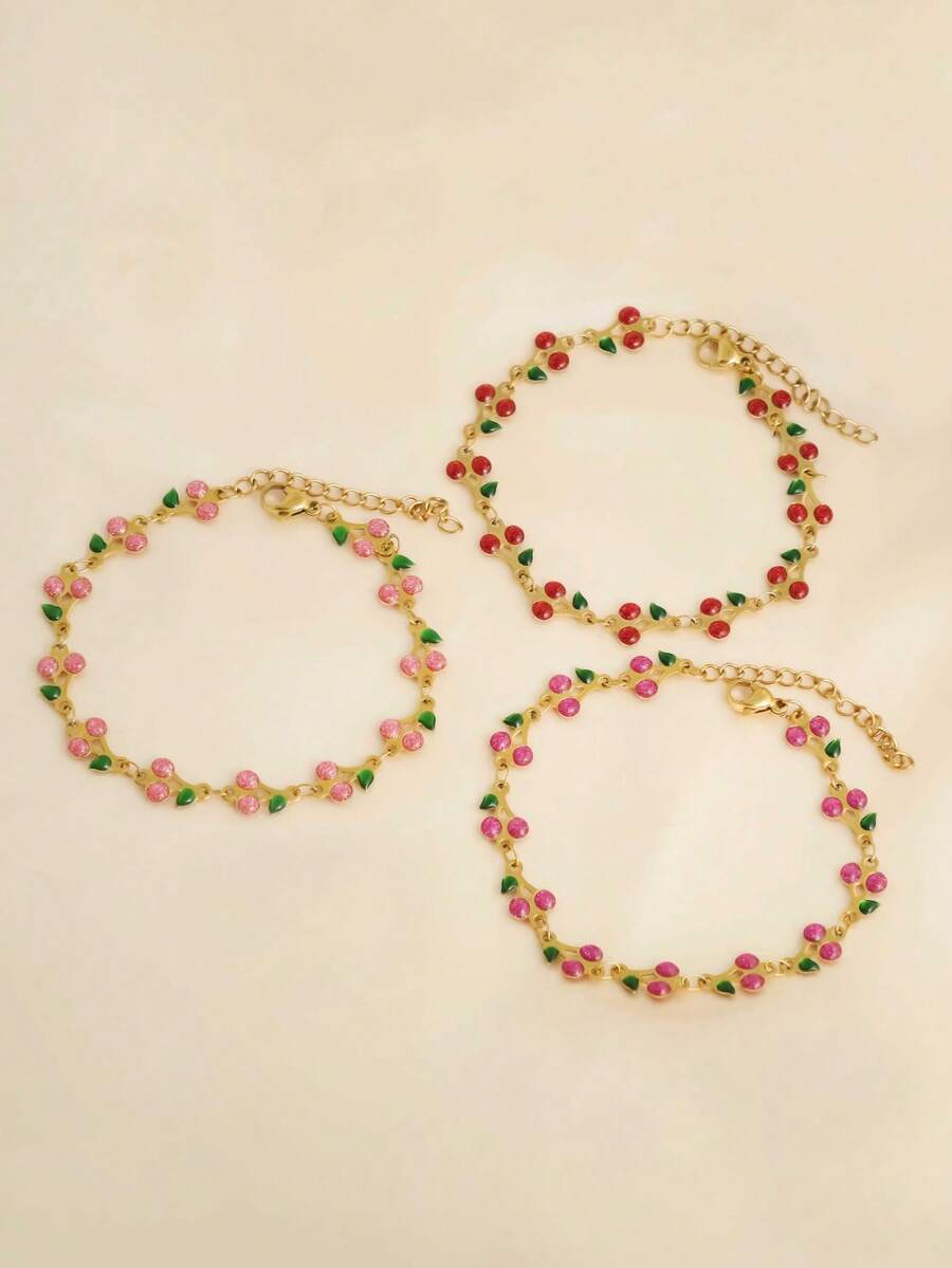 1 pieza Pulsera con forma de cereza de acero inoxidable con gemas ombre y cristales de rinoceronte, estilo de lujo ligero, accesorio de moda con cadena de titanio - Rosa Fucsia - Ver 1