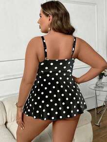 Large-Size Lady's Retro Polka Dot Dress-Style Swimsuit (With Underwear), Beach Vacation High-Waisted Tummy-Revealing Hip-Covering Bandeau Bikini Set - 黑色 - 查看 6