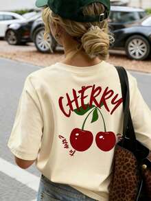 少女休闲印花圆领短袖T恤，夏季上衣 - 杏色 - 查看 1