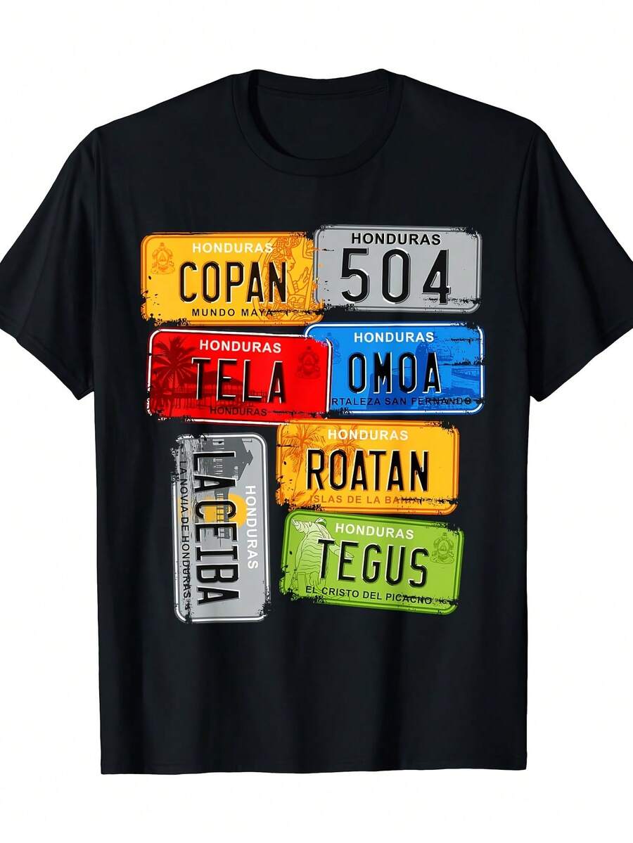 Honduras Travel T-Shirt - Copan, Tela, Omoa Plates Graphic Tee - Soft Breathable Cotton Shirt For Central American Tourism - Lightweight Crew Neck Top (Sizes S-XXXL) - Souvenir Gift For Honduras Visitors & Expats - Black Casual Everyday Shirt, Vacation Outfit, Retro Design, Durable Construction, Short Sleeve Tee, Adventure Seekers - màu đen - Xem 1