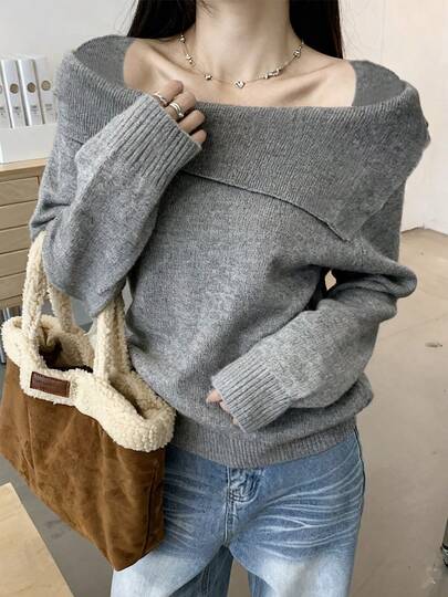 Solid Color Ribbed Knit Asymmetrical Shoulder Casual Top