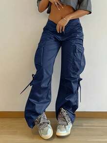 Quần cargo phong cách Y2K, túi nắp, chi tiết dây đeo, quần ống rộng thoải mái, nhẹ, thích hợp cho nữ mùa xuân. - xanh đậm - Xem 6