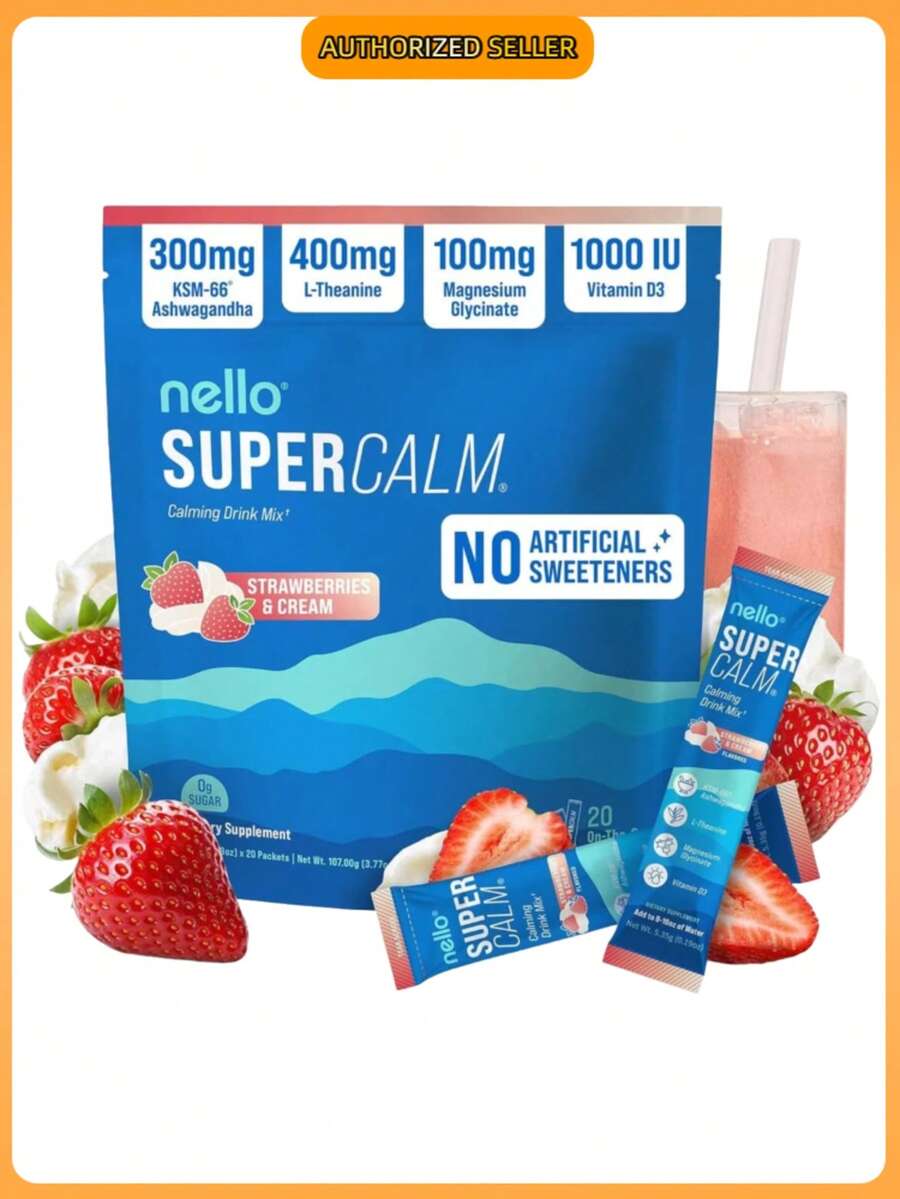 Nello Supercalm Powdered Drink Mix, Cortisol Reducer*, Sleep Aid Supplement, L Theanine, Ksm-66 Ashwagandha, Magnesium Glycinate, Vitamin D 3, No Sugar, Non GMO, 20 Ct, Strawberries & Cream - 草莓奶油 - 查看 1