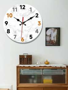 1 pieza Reloj de pared moderno y silencioso, movimiento de cuarzo japonés, marco de madera redondo, textura de mármol, pantalla analógica, adecuado para sala de estar, dormitorio, oficina - Funciona con batería (1 batería AA no incluida) - Multicolor - Ver 2