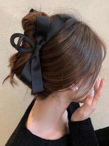 1pc Black Double-Sided Bow Hair Claw Clip, Suitable For Daily Wear - Black - View 1