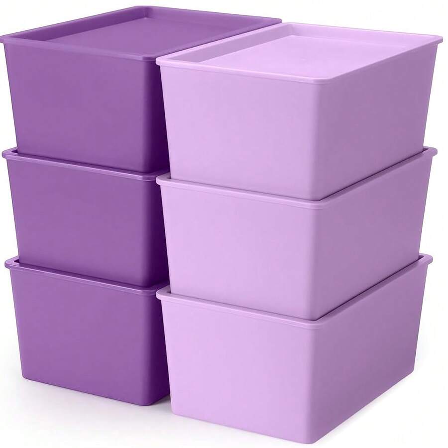 6 Pcs Storage Bins With Lids Small Plastic Storage Containers Stackable Storing Baskets Box Cute Organizer Bins For Organizing Shelves (Purple Series) - PurpleSeries - View 1