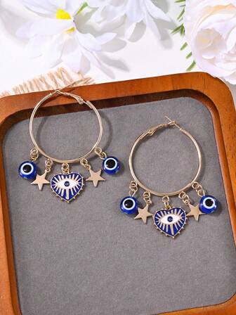 一对优雅的心形和邪眼星形流苏耳环，波西米亚风格，适合女性日常、约会、派对、聚会等场合佩戴，是情人节、生日、周年纪念日的理想礼物。