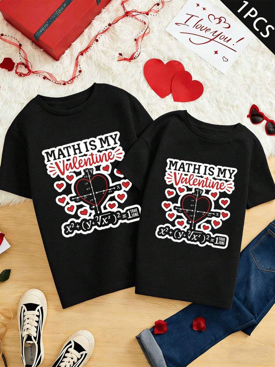 Maglietta di San Valentino con grafica matematica per coppie, cotone di prima qualità, vestibilità comoda, stile street hip-hop, stampa comoda e accattivante - UomoNero-1PC - Visualizzare 1