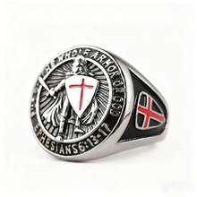 Ritter Templer Schild Design Edelstahl Ring, "Zieht die ganze Waffenrüstung Gottes an" (Epheser 6:13-17), Rotes Kreuz Muster Herren Ring - Schild - Übersicht 14