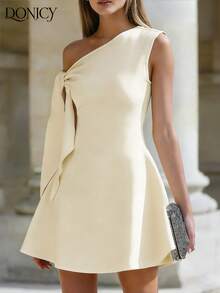 DONICY Women's New Elegant White Asymmetrical Shoulder A-Line Mini Dress With Draped Sleeves - Casual Chic Party Dress, Suitable For New Year Gatherings, Valentine's Day Dates, Carnival Parties, And Everyday Casual Occasions - Apricot - View 6