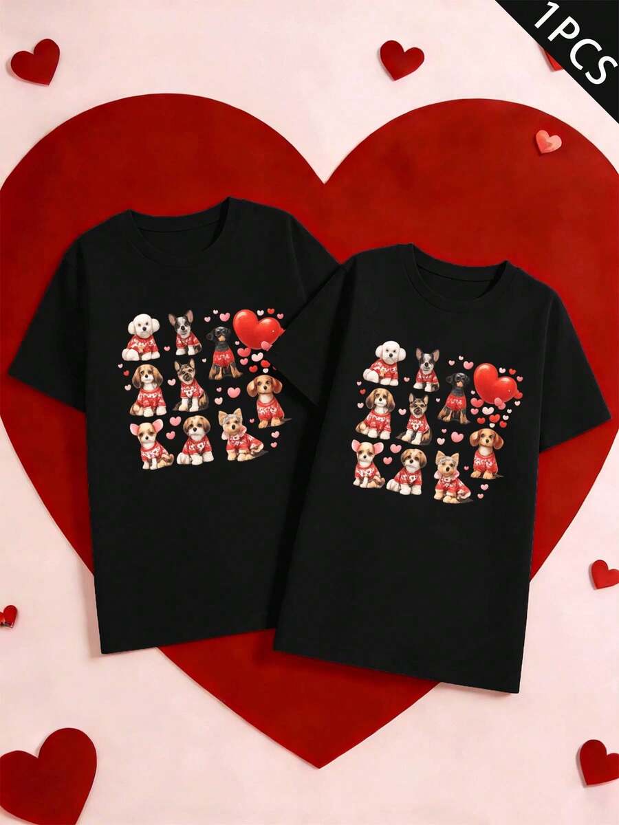 T-shirt con stampa cane e cuore per coppie, 100% cotone, girocollo, vestibilità comoda, comoda, stile streetwear e hip-hop - UomoNero-1PC - Visualizzare 1