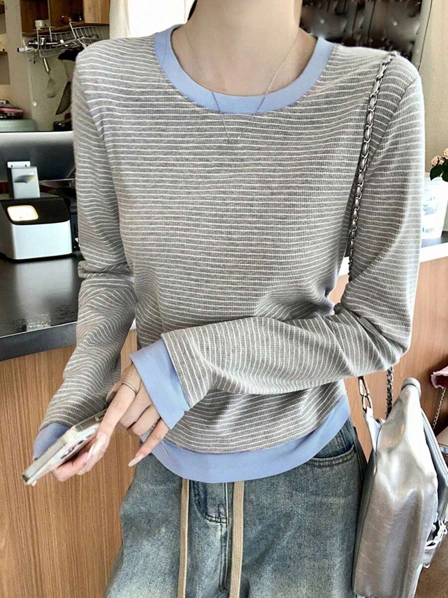 2 In 1 Striped Round Neck Long Sleeve T-Shirt Base Layer For Women, New Stylish Design Fitted Undershirt, Autumn